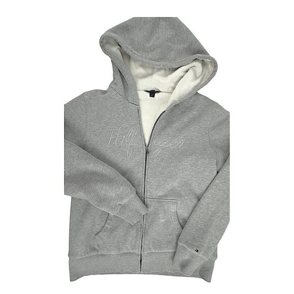 Y2K Vintage Tommy Hilfiger Sherpa Hoodie – Women’s Large – Gray Zip-Up - Picture 1 of 8